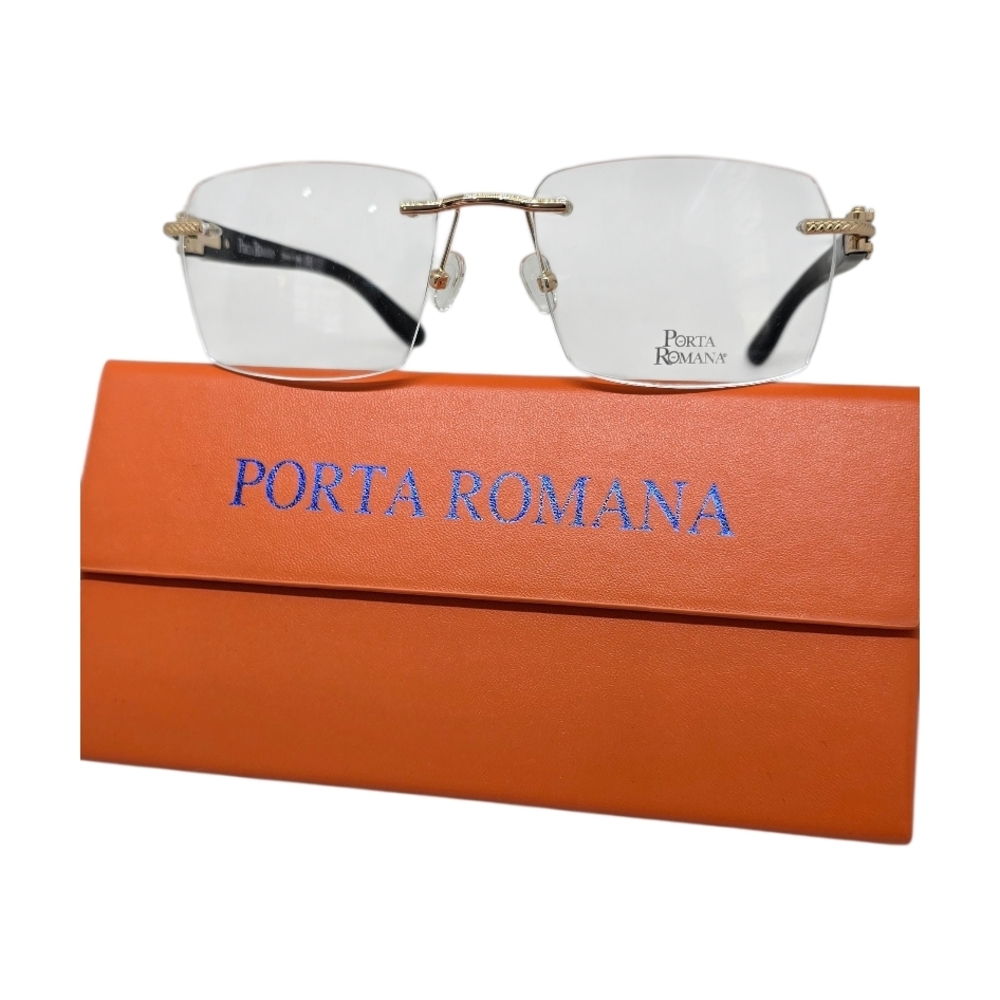 Porta Romana Eyewear with Bold Orange Case and black wooden temples